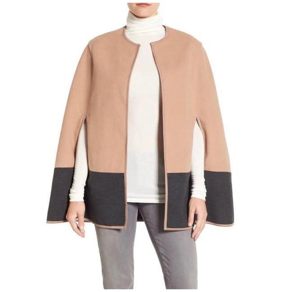 BCBGeneration Poncho Cape Womens OS Color Block Tan Black Hook Closure
